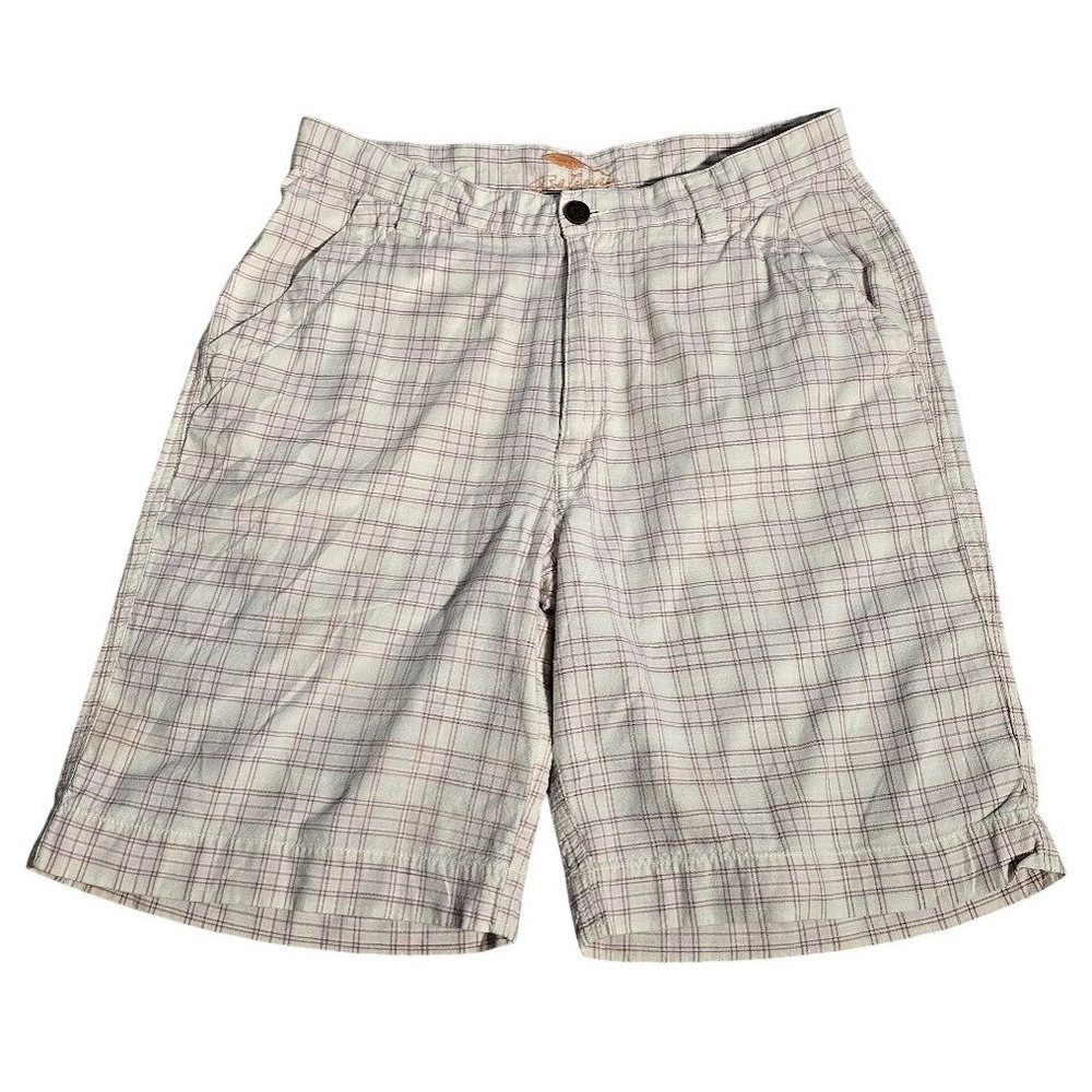 VTG Mens Plaid Cotton Shorts 32 Cream Burgundy Casual Flat Front Timberlake. 669